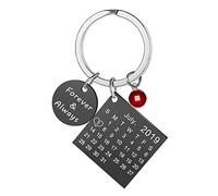 Personnalisé personnalisé Graver Calendrier Date & Message Porte-clés avec Pierre de Naissance en Acier Inoxydable Porte-clés et Porte-clés Anniversaire Memorial Cadeau (Noir)