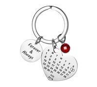 Personnalisé personnalisé Graver Calendrier Date & Message Porte-clés avec Pierre de Naissance en Acier Inoxydable Porte-clés et Porte-clés Anniversaire Memorial Cadeau (Argent-2)
