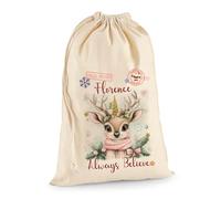 Personnalisé Ton Sac de Noël en Coton Naturel avec Motif de Renne Belle | Très Grand & Cordon de Serrage Solide pour Toutes les Occasions - Toujours Croire