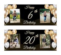 Personnalisées Banderole Joyeux Anniversaire Personnalisée Banderole Photo Anniversaire Décoration de Fond en Or Noir, Bannière Longue Personnalisable pour Tout âge 100X250CM/120X300CM