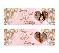 Personnalisées Banderole Joyeux Anniversaire Personnalisée Banderole Photo Anniversaire Décoration Sur Fond Rose, Bannière Longue Personnalisable Pour Tout âge 100X250CM/120X300CM