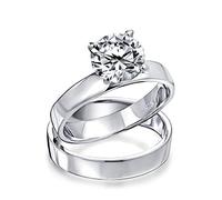 Personnaliser Ensemble de Bagues de Fiançailles et de Mariage Classique Simple 2CT Zircon Cubique Rond Solitaire Large Bande AAA CZ pour Femmes en Argent Sterling .925 Personnalisable