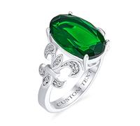 Personnaliser Fleur De Lis Pave Accent Aaa Cz Estate Vintage Style Large Oval Solitaire 7CT Cubic Zirconia Simulated Emerald Green Cocktail Statement Ring Pour Femmes Argent Plaqué Gravé Personnalisé