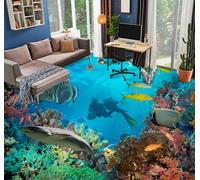 Personnaliser Les Autocollants De Sol 3D Paysage Sous-Marin Photo Mural Papier Peint Poisson De Mer Et Corail Amovible Papier Peint Baton Sur Les Carreaux De Sol Pour Cuisine Peler Et Coll 150x105cm