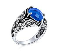 Personnaliser Unisexe Vintage Style Grande Déclaration Ovale Simulé Bleu Saphir CZ Zircone Cubique Conique Vigne Feuille Ensemble Bague Western Bijoux Oxydé Argent .925 Fait À La Main En Turquie