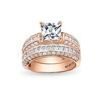 Personnalisez 3Ct Art Deco Style Bleu Carré Princesse Solitaire Clair Aaa Cz Engagement Anniversary Wedding Ring Set Rose Gold Plated .925 Argent Sterling Customizable