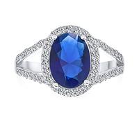 Personnalisez La Bague De Fiançailles Ovale Solitaire Classique Traditionnelle 10CT Aaa Cz En Saphir Bleu Royal Simulé Brillant Avec Halo Et Bande Fine Divisée En Argent Plaqué Personnalisable