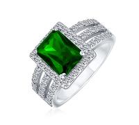 Personnalisez La Bague De Fiançaillesilles De Style Art Déco 3Ct Rectangle Aaa Cz Verte Taille Émeraude Pour Femmes Large Bande .925 Argent Sterling Personnalisable