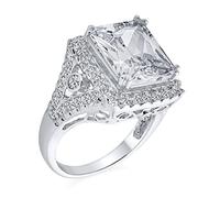 Personnalisez le style Art Déco de la grande bague cocktail de 7 CTW avec AAA CZ rectangle radiant taille émeraude brillante, bague de fiançailles pour femmes avec pierre latérale en argent sterling