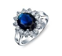 Personnalisez une bague de fiançailles classique traditionnelle 5CTW avec halo couronne en zircon cubique bleu royal CZ simulé saphir ovale pour femmes en argent sterling .925 gravée sur mesure.