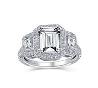 Personnalisez une bague de fiançailles de style Art Déco vintage avec une pierre centrale émeraude taille rectangle de 3 carats AAA CZ, halo, pour femmes, avec des pierres latérales baguette en CZ, en