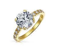 Personnalisez une bague de fiançailles solitaire ronde brillante 4CT AAA CZ pour femmes en argent sterling .925 plaqué or jaune 14K avec pavé de zircone cubique et bande de pierre latérale de 2MM