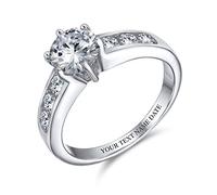 Personnalisez Une Bague De Fiançailles Solitaire Ronde Brillante À 6 Griffes En Zircon Cubique Cz 2Ct Aaa S En Argent Sterling .925 Avec Des Pierres Latérales Cz Serties En Rail Gravure Personnalisée.