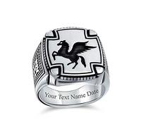 Personnalisez une grande bague chevalière Pégase, créature mythique volante de la Grèce antique, à deux tons pour hommes et adolescents en argent sterling oxydé .925, gravée sur mesure.