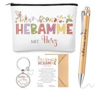 Perthlin Coffret de 5 Cadeaux Sage-Femme Y Compris Hebamme mit Herz Trousse à Cosmétiques Porte-Clés Sage-Femme Stylo à Bille en Bois Carte avec Enveloppe Merci Cadeau(Motif Floral)