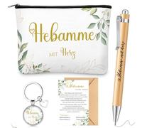 Perthlin Coffret de 5 Cadeaux Sage-Femme Y Compris Hebamme mit Herz Trousse à Cosmétiques Porte-Clés Sage-Femme Stylo à Bille en Bois Carte avec Enveloppe Merci Cadeau(Motif Eucalyptus)