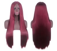 Perücke für Cosplay-Perücke, Universal-Split-Kopfhaut, schwarzes langes glattes Haar, 80 cm, Anime-Perücke, Farbe: Weinrot, Mittelspalt