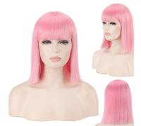 Perücke für Perfekt für alltägliche Partys Bobo-Kopf Blau Grün Grau Reis Weiß Schwarz Rot Rosa Qi Bangs Anime Cos Nachtclub Damen Schulterlang Gerade Kurz Perücke Farbe: 714-8 Pink