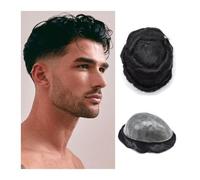Perücke Herren Postiche for homme en cheveux humains, système de remplacement durable, mince, transparent, injecté, en PU, noir de jais, 0,1 à 0,12 mm Herren Perücken(6"x8")