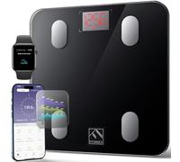 Pèse Personne Impédancemètre, FITINDEX Balance Connecté, Pèse-Personne Bluetooth Balance Salle de Bains Impedancemetre avec 13 Données Corporelles (BMI/Muscle/Graisse Corporelle/Masse Osseuse), Noir