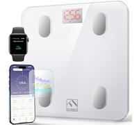 Pèse Personne Impédancemètre, FITINDEX Balance Connecté, Pèse-Personne Bluetooth Balance Salle de Bains Impedancemetre avec 13 Données Corporelles (BMI/Muscle/Graisse Corporelle/Masse Osseuse), Blanc