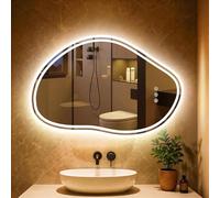 PESENXAN Miroir asymétrique avec éclairage, 80 x 53 cm, 3 couleurs de lumière, anti-buée, LED, avec interrupteur tactile et fonction mémoire, idéal pour la salle de bain