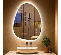 PESENXAN Miroir de salle de bain LED asymétrique avec éclairage, 65 x 50 cm, anti-buée, 3 couleurs de lumière, réglable, intensité variable, avec fonction mémoire, économie d'énergie, horizontal