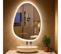 PESENXAN Miroir de salle de bain LED asymétrique avec éclairage 75 x 55 cm, anti-buée, 3 couleurs de lumière, réglable, avec éclairage, intensité variable, avec fonction mémoire, économie d'énergie
