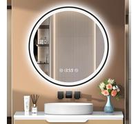PESENXAN Miroir LED rond de 70 cm avec éclairage et horloge, cadre noir, anti-buée, intensité variable, 3 couleurs de lumière, interrupteur tactile, fonction mémoire, économie d'énergie