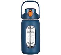 Pesfehhy Bouteilles d'eau en Verre de 64 Oz avec Paille, Bouteille en Verre avec Manchon en Silicone et Marqueur de Temps, pour Salle de Sport, Bureau à Domicile, Bleu Marine