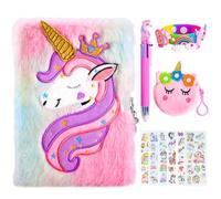 PESLNG Agenda secret pour filles avec cadenas, carnet de voyage en peluche, carnet privé avec stylo multicolore, bracelet, porte-monnaie mignon et 6 autocollants - Cadeau pour filles avec licornes