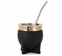 Pesoncarl Argentine Mate, Black Imperial Argentine Mate Cup - Citrouille en acier inoxydable avec bord sculpté et paille, isolée pour boissons chaudes/froides