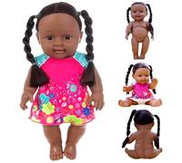 Pesoncarl Baby Baby Dolls, 12 Pouces Africain African réaliste Doll avec Robe, Articulation Mobile et Double en Queue de Cheval Douée de Peau foncée pour Les Cadeaux pour Enfants, Jouets