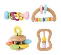 Pesoncarl Baby hangle en Bois 4pcs 4 Style Lisse en Bois coloré hochet en pour Le développement de bébé pour bébé.