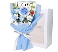 Pesoncarl Bouquet de Fleurs au Crochet, 7, 9 x 11, 8 Roses au Crochet, 5 têtes de Fleurs tricotées, Bouquet pour Mariage, Saint-Valentin, Anniversaire, fête des mères, Bleu pour fête