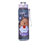 Pesoncarl Bouteille d'eau capybara 750 ml bouteille d'eau Kawaii transparente avec tasses de consommation de fuite paille avec poignée pour femmes sports camping randonnée pique-nique, violet trans