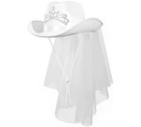 Pesoncarl Chapeau de Cow-Girl de la mariée, Chapeaux Cow-Girl Bachelorette Blanc avec Voile, Tenues Cowboy pour Femmes décorations fête Bachelorette, Fournitures Douche Nuptiale, Accessoire d