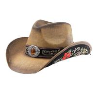 Pesoncarl Chapeau de cowboy de paille, protection UV Protection largeur cow-girl paille, broderie vintage cowboy occidental avec ceinture décorative, chapeaux pour femmes hommes, sports