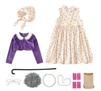 Pesoncarl Costume de vieille dame pour enfants, 10 pièces/ensemble, Costumes de 100 jours d'école, Costume grand-mère pour enfants, S