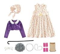 Pesoncarl Costume de vieille dame pour enfants, 10 pièces/ensemble, Costumes de 100 jours d'école, Costume grand-mère pour enfants, cadeau fête L