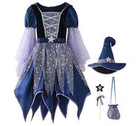 Pesoncarl Décorations d'Halloween, costume de sorcière pour filles, robe de sorcière brillante avec chapeau, baguette magique et sac bonbons pour décoration fête d'Halloween, 120 cm