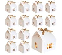 Pesoncarl Lot de 12 boîtes à friandises, boîtes de boulangerie, boîtes à biscuits, boîtes cadeaux en forme de maison avec nœud et rubans en papier kraft pour anniversaire, Noël, fournitures de fête