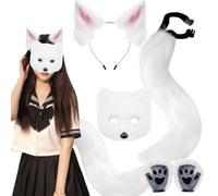Pesoncarl Therian Gear Ensemble de costumes de renard avec oreilles et queue renard synthétiques, pattes Therian et masque pour adultes enfants, jeu rôle, fête, blanc