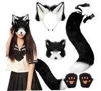 Pesoncarl Therian Gear Fox Costume Set Faux Fox Ears and Tail Therian Paws, and Mask for Adults and Kids Role Play Party, White Black, Toys