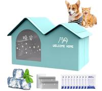 Pet Cooling House, Foldable Dog House with AC Unit, Weatherproof Pet AC House with Removable Pad & 10 Ice Packs, Easy to Clean & Portable, for Small Medium Large Dogs (Blue, M)