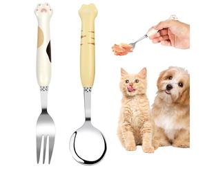 Pet Spoon, Cute claw Dog Food Fork cuillère d'alimentation pour animaux de compagnie en acier inoxydable PET couverts Set de 2 (Blanc et jaune)