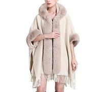 Petalum Cape Hiver à Capuche en Laine Elégant Femme Poncho Manteau Manches Longues en Velour Col Fausse Fourrure à Franges Epais Chaud Décontracté Motif Mode Carreaux Classiques
