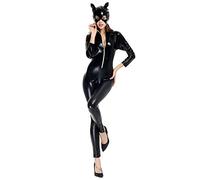 Petalum Combinaison Catwoman Déguisement Halloween Femme Adulte Jumpsuit Hat Costume avec Catsuit Fermeture Eclair Oreille Chat Masque Stretch Moulant (Noir, L)