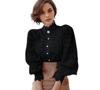 Petalum Femme Chemisier Dentelle Chic Chemise Victorien à Manche Longue Bouffante Ballon Sexy Chemisier Gothique Lolita Lace Ajouré Top Blouse Renaissance Elégant Ample Vintage (Noir, Taille 38(XL))