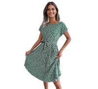 Petalum Femme Robe Eté Mi-Longue Plissée Manche Courte à Volant Imprimé Fleuri Style Boho Floral Décontracté Slim avec Ceinture Nouée